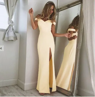 Sure! Here’s an optimized title for the e-commerce product:

Elegant Deep V-Neck Off-The-Shoulder Long Maxi Dress with High Slit - Perfect for Special Occasions