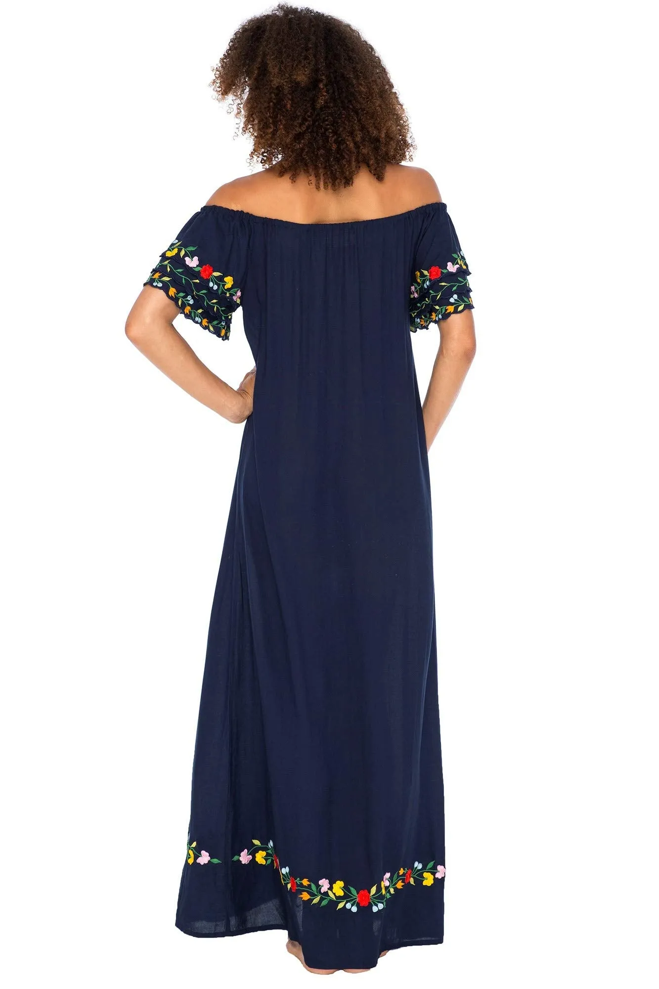 Maxi Off Shoulder Long Embroidered Floral Design Dress